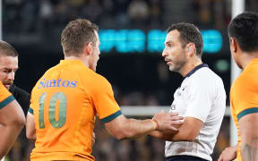 Wallabies first five Bernard Foley pleads with French referee Matthieu Raynal, Bledisloe Cup test, Melbourne 2022.