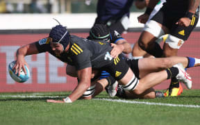 Hurricanes' Brayden Iose scores try during the Super Rugby Pacific Hurricanes v Force at Central Energy Trust Arena, Palmerston North on the 2nd of April 2023. © Copyright image by Marty Melville / www.photosport.nz