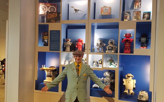 Andy 'Flyboy' Dickson with his robots at the Museum of Transport and Technology.