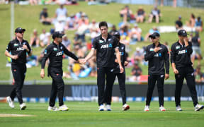New Zealand player Will O’Rourke takes a wicket during the Third One Day International against Bangladesh in December 2023.