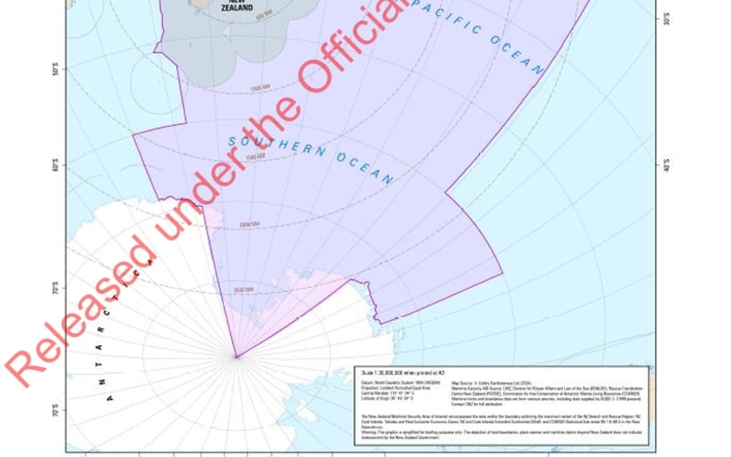 Map of New Zealand maritime areas of interest, released under the Official Information Act.
