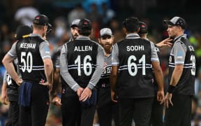 New Zealand captain Kane Williamson (centre) talks with his players during the ICC Men’s T20 World Cup 2022 Semi Final against Pakistan.