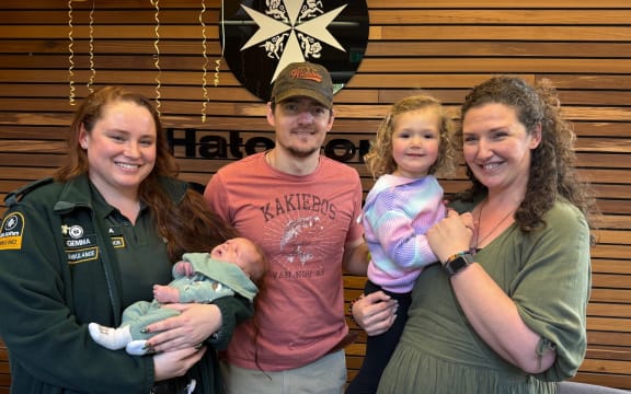 Hato Hone St John’s Gemma Cale with baby Leonard, John, Stella, Corné Fox.