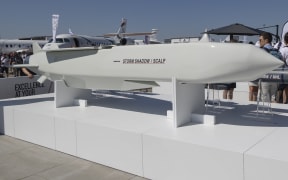 A SCALP EG / STORM SHADOW low-observable, long-range air-launched cruise missile, an air to surface weapon from the European manufacturer MBDA at the company's booth at International Paris Air Show 2023 in Le Bourget Airport. The SCALP-EG long Range Autonomous Cruise Missile System carries a warhead with a unit cost around 2.500.000 USD. Paris, France on June 2023 (Photo by Nicolas Economou/NurPhoto) (Photo by Nicolas Economou / NurPhoto / NurPhoto via AFP)