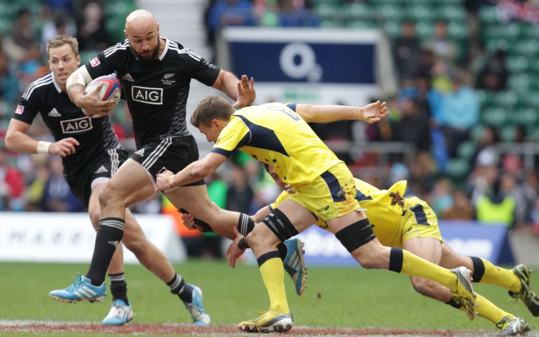 DJ Forbes of New Zealand breaks clear against Australia in the final of the IRB London 7s in May.
