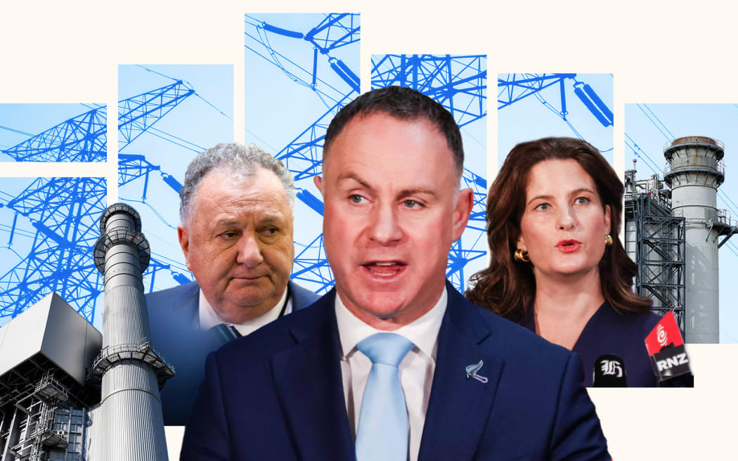 Composite of Simon Watts, Nicola Willis and Shane Jones with power pylons and power stations.