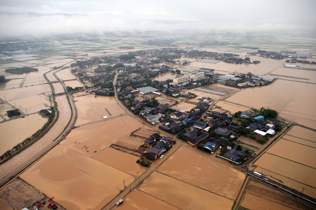 The city of Asakura flooded because of heavy rain in Fukuoka Prefecture.