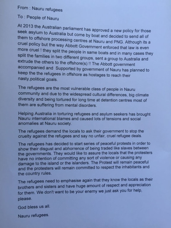 A leaflet being distributed by refugees on Nauru.