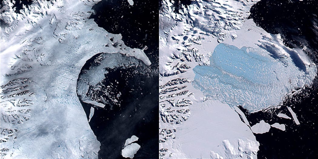 Left: sliver icebergs calve off the Larsen B Ice Shelf on 17 February 2002, while melt ponds dot the surface. Right: by 7 March 2002, most of the Larsen B Ice Shelf has disintegrated.