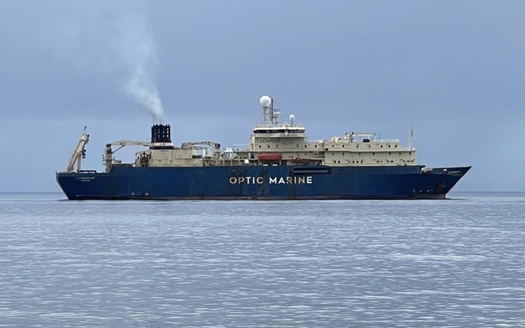 The cable laying vessel Lodbrog in position near the fault site on Solomon Islands domestic submarine internet cable. Point Cruz, Honiara July 2023.