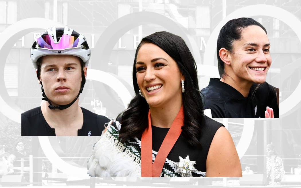 Composite of Dame Sophie Pascoe, Anton Cooper and Shiray Kaka with Olympic rings in background.