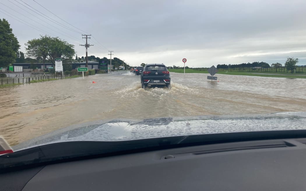 Ngati Maru Highway, which leads into the Thames township, was flooded after heavy rain from Cyclone Gabrielle.