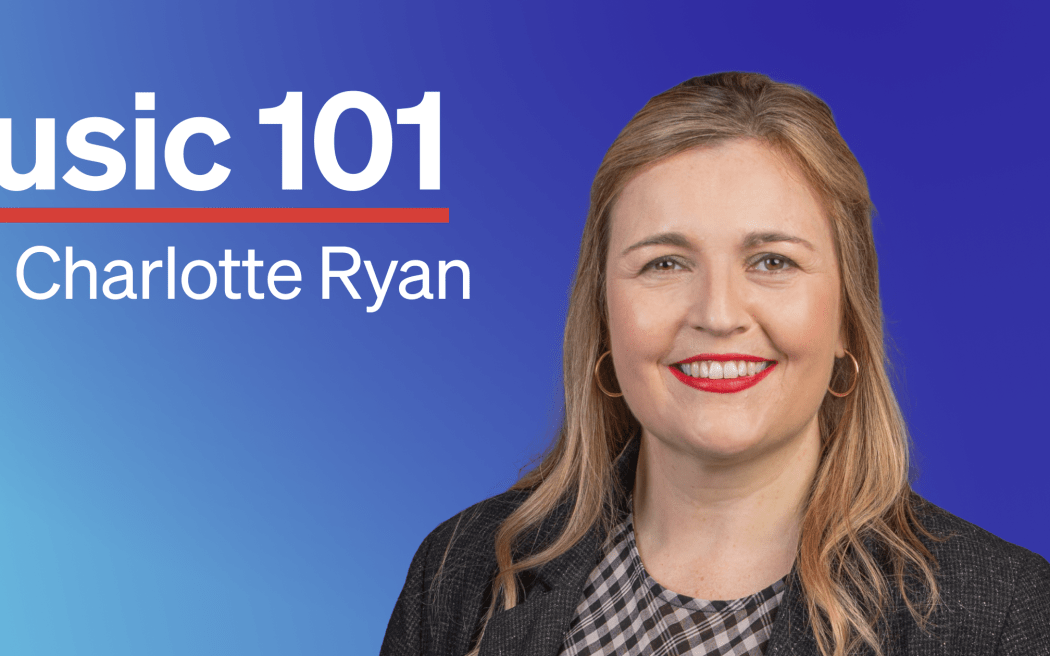 Host Charlotte Ryan on a deep blue background with the title of the programme "Music 101" and an RNZ logo