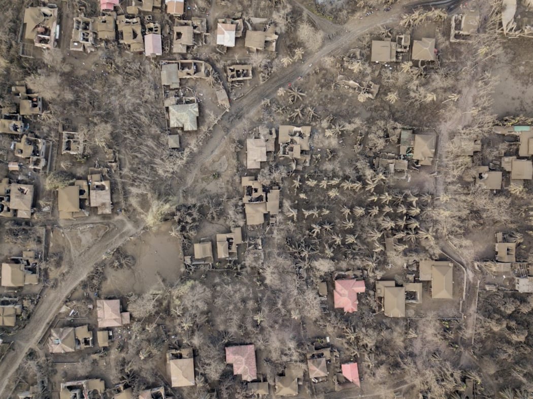 An aerial view shows the landscape of Buso Buso covered in ash following the eruption Taal volcano on January 19, 2020