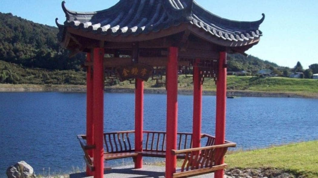 The pagoda in the Ross Memorial gardens. The lake level rose to the top of the seat when a slip changed the flow in a local creek.