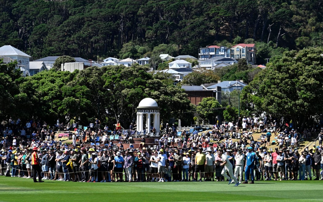 Cricket fans on the field at the lunch break on Day 2 of the 1st cricket test match between New Zealand and Australia at the Basin Reserve in Wellington, New Zealand, Friday 1 March, 2024. (Andrew Cornaga/Photosport)