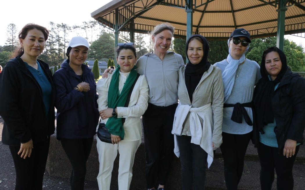 Trainer Dee Williams (centre) with Aotearoa Afghanistan Marathon participants at Cornwall Park, Auckland, on 20 October, 2024.