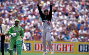 Dipak Patel celebrates after taking a wicket. New Zealand v Pakistan, one day international cricket, 2nd ODI, Napier, New Zealand December 28, 1992. © Copyright Photo: www.photosport.nz