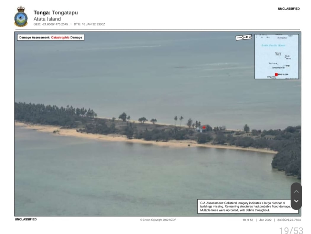 An aerial view of Atatā island taken by New Zealand Defence Force after the eruption of Hunga Tonga-Hunga Ha'apai and tsunami.