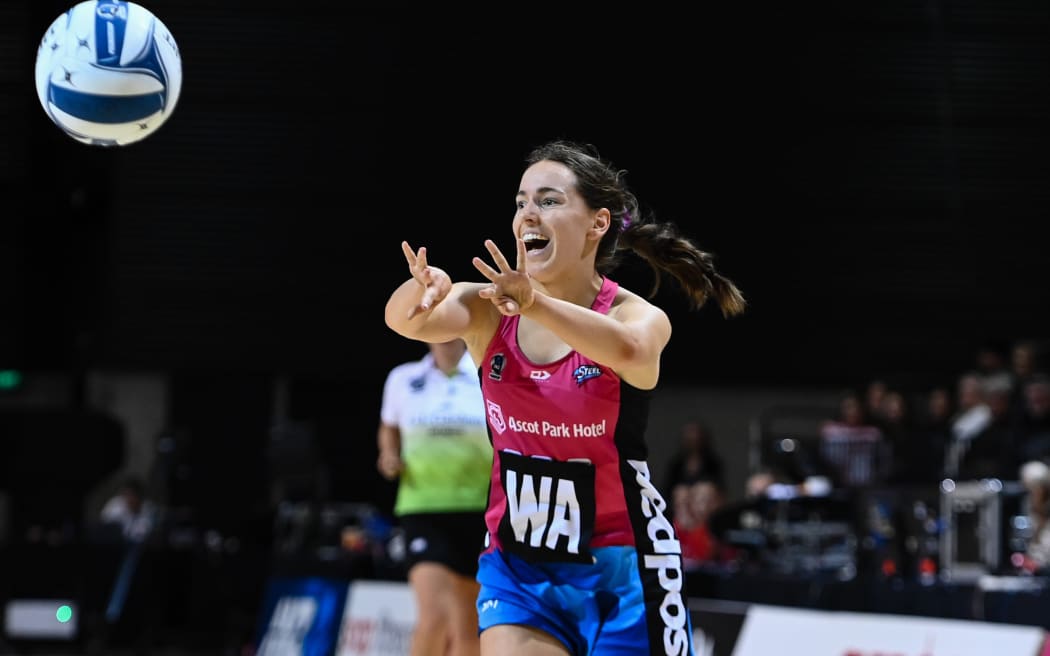 Grace Southby of the Steel during the ANZ Premiership Netball match, Tactix Vs Steel, at Wolfbrook Arena, Christchurch, New Zealand, 15th April 2024. Copyright photo: John Davidson / www.photosport.nz