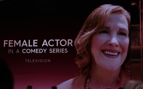 A screen shows late US-Canadian actress Catherine O'Hara after she was awarded with the award for Outstanding Performance by a Female Actor in a Comedy Series for The Studio.