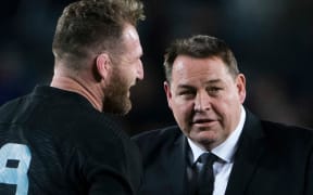 Steve Hansen and Kieran Read celebrate the All Blacks' win over the Wallabies.