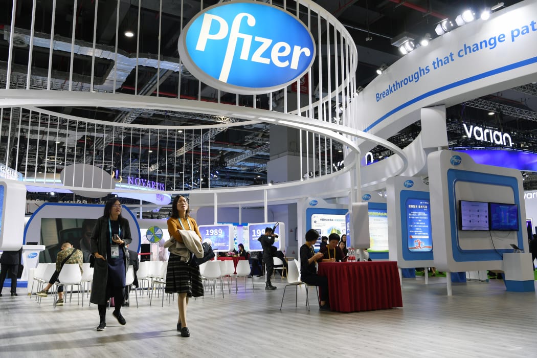 The booth of Pfizer Inc. during the second China International Import Expo (CIIE) in Shanghai, east China.