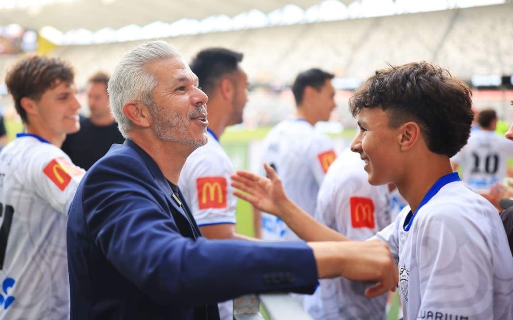 Auckland coach Steve Corica celebrates victory during the A-League Men Round 16 match between the Western Sydney Wanderers and Auckland FC.