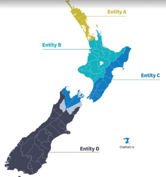 Proposed new Three Waters reform entities for New Zealand.