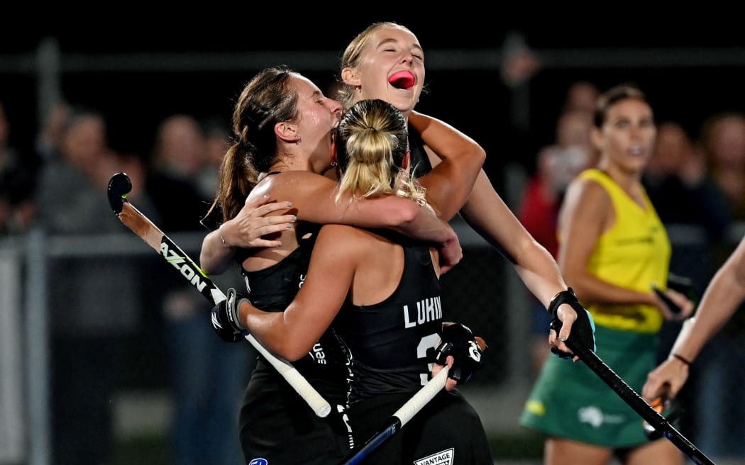 Olivia Shannon of New Zealand celebrates her goal with the team.