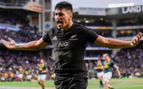 Rieko Ioane celebrates scoring a try against South Africa in 2017, the last time the All Blacks played in Cape Town.