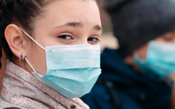 School-age children in medical masks. portrait of school children