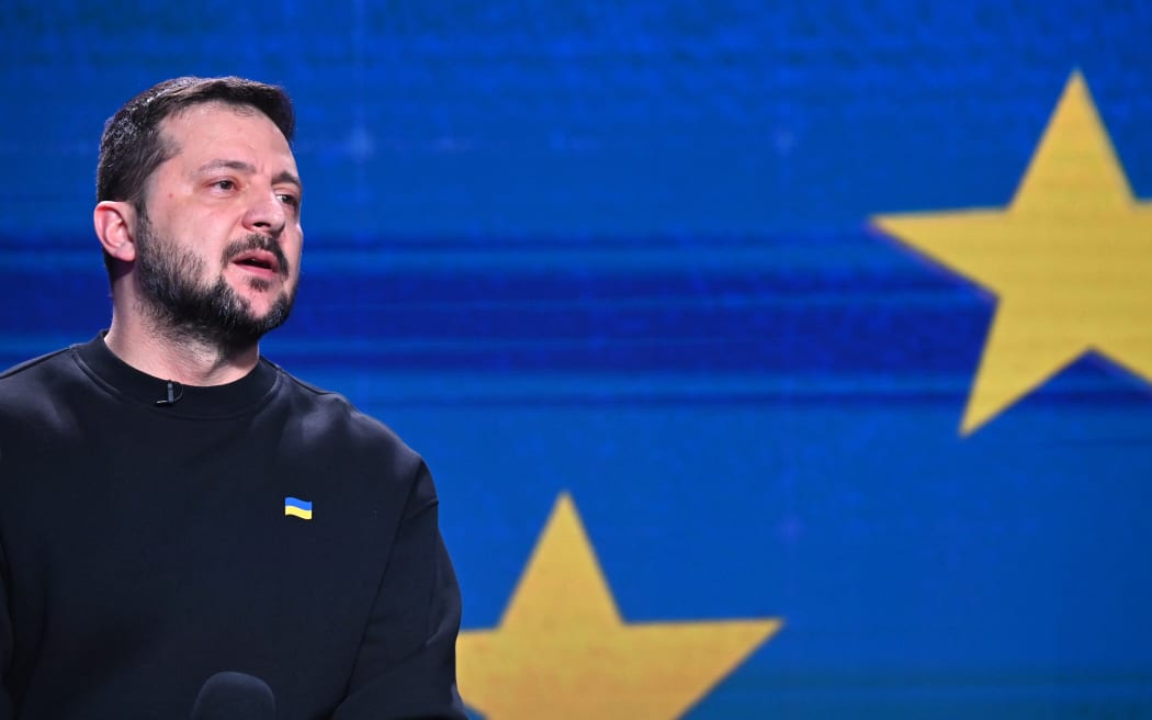 Ukrainian President Volodymyr Zelensky delivers an end-of-year press conference in Kyiv on 19 December 2023, amid the Russian invasion of Ukraine.