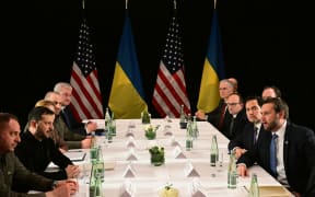US Vice President JD Vance (R), US Secretary of State Marco Rubio (2nd R) and Ukrainian President Volodymyr Zelensky (2nd L) meet on the sidelines of the 61st Munich Security Conference (MSC) in Munich, southern Germany.