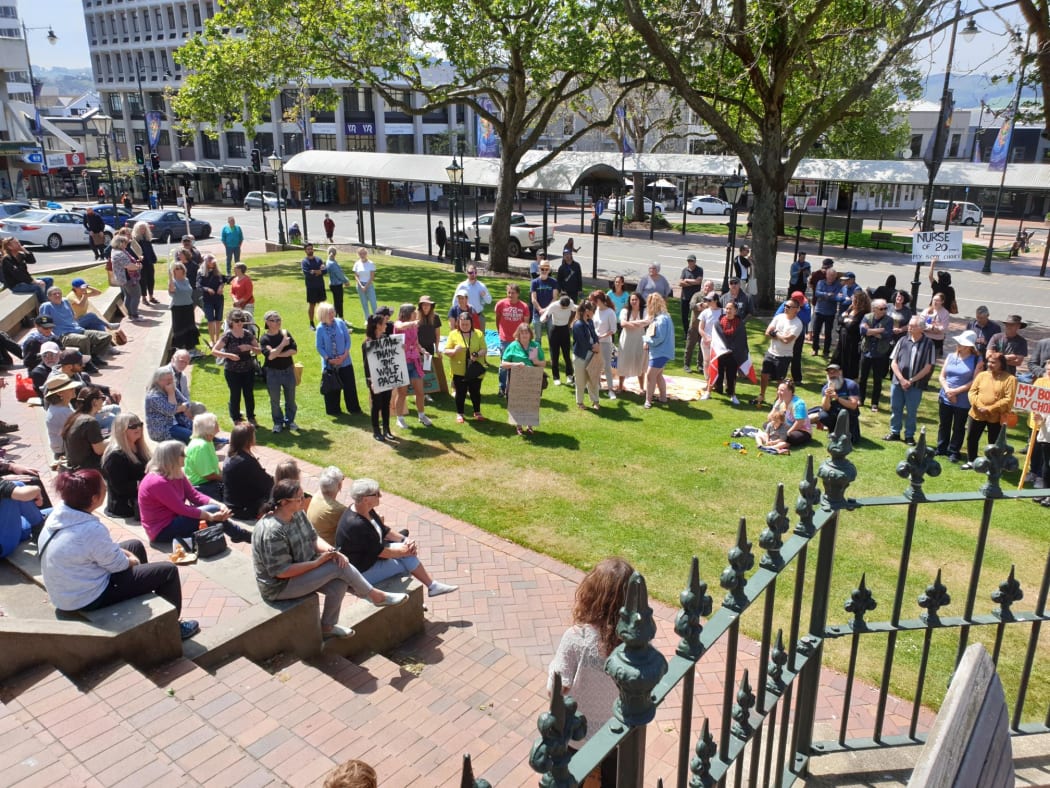 About 100 people gathered at The Octagon, Dunedin, in protest against Covid-19 health measures.