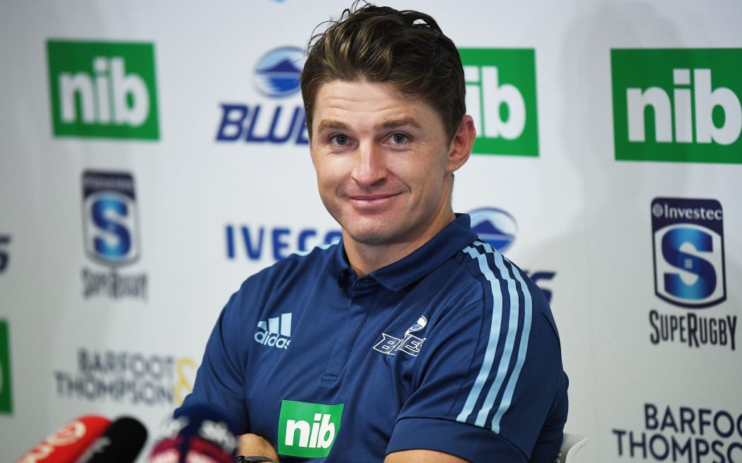 Beauden Barrett speaks to media after Blues training.