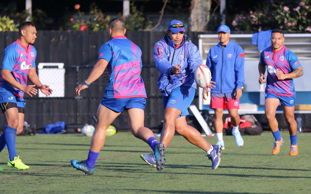Manu Samoa coach Namulauulu Alama Ieremia leads training in Auckland.