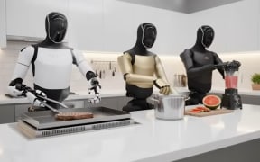 Three Tesla bots in the kitchen.