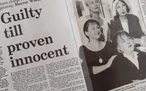A newspaper clipping of the four women accused alongside Peter Ellis, with the headline 'Guilty Until Proven Innocent'