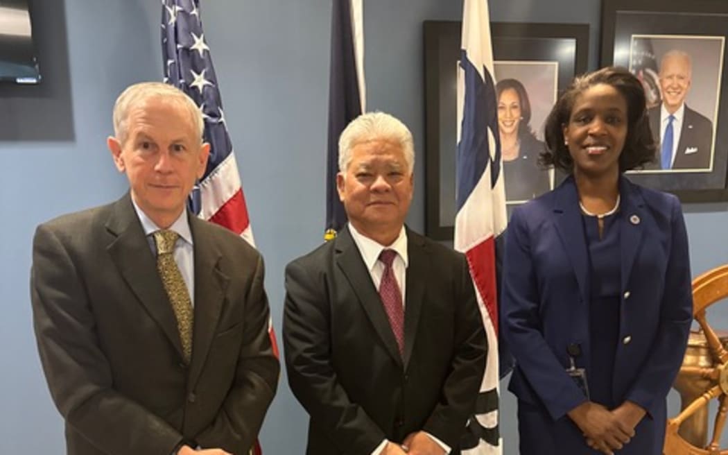 Arnold Palacios, middle, recently met with senior leaders of the Department of Transportation-Maritime Administration, including Temekia Flack, deputy administrator, and Jack Kammerer, MARAD executive director, as a follow-up to previous discussions that included the CNMI’s ongoing efforts to access MARAD funding opportunities for port improvements and development. Palacios was in Washington. D.C. last week for the 2024 senior plenary of the Interagency Group on Insular Areas organized by the U.S. Department of Interior-Office of Insular Affairs. The event remains one of the important platforms for territorial governors to amplify local issues and perspectives by communicating them directly to the White House and federal agencies.
