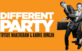 A poster for Barnie and Trygve's show, "DIFFERENT PARTY". The poster has an orange background. In a black and white photo, Barnie and Trygve jostle for position, wearing business suits and carrying briefcases.