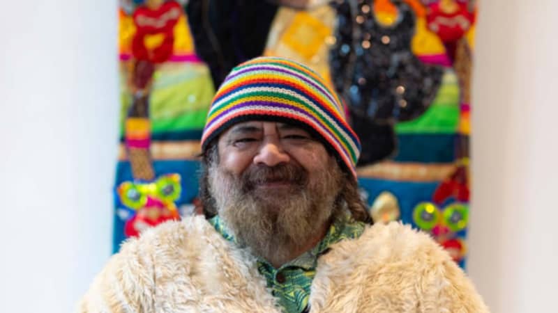 Traditional Maori takatāpui quilt / hanging but with bright modern colours.