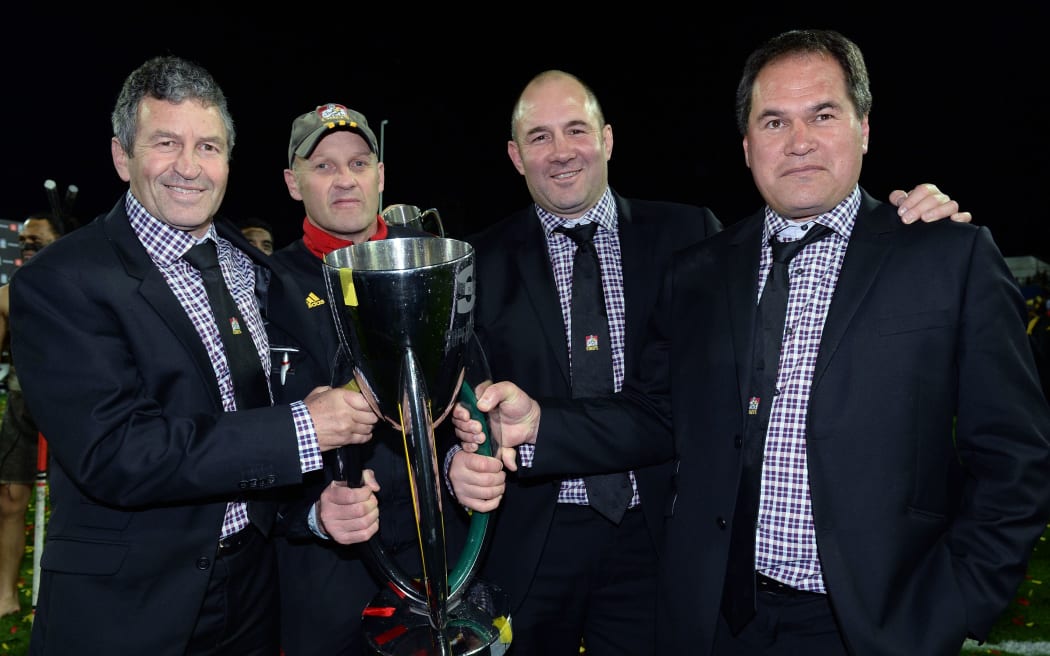 2013 Chiefs Super Rugby winning coaches Wayne Smith, Andrew Strawbridge, Tom Coventry and Dave Rennie.