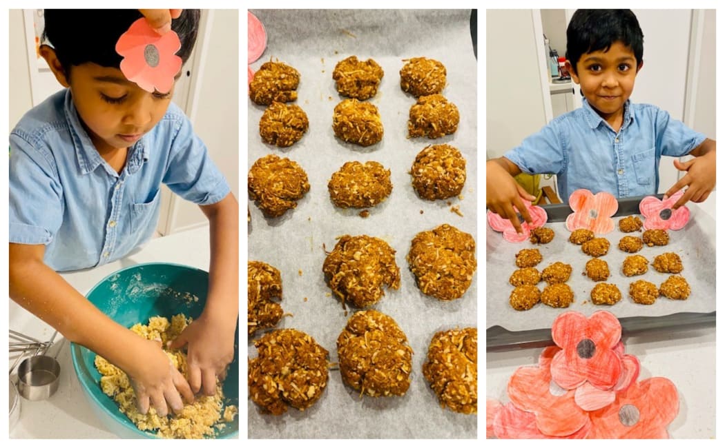 Meer Patel, 6, bakes Anzac biscuits
