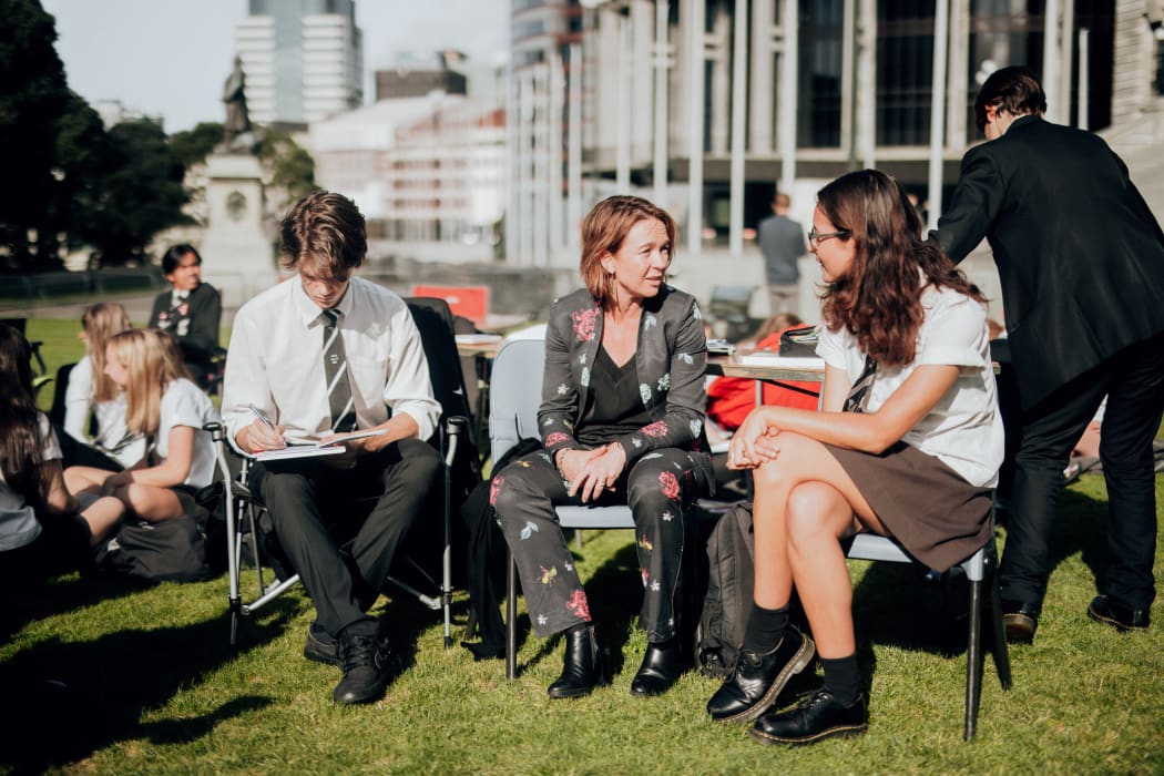 Hutt South MP Ginny Andersen with HVHS head students, Charlotte Leach and Patrick Maslen.