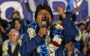 Bolivia's President and presidential candidate Evo Morales gestures during a political rally in El Alto, Bolivia, on October 16, 2019 ahead of the October 20th presidential elections.