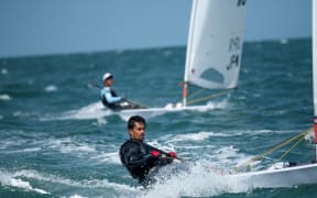 Samoan sailor Eroni Leilua racing at the World Laser Championships in Melbourne.