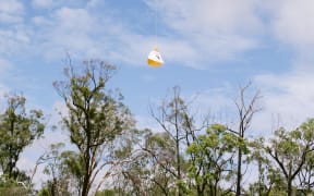 A drone carries a Coles supermarket delivery in Canberra.