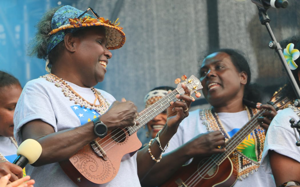 Glorious Oxenham, left, performing with the Solomon Islands community at the Wellington Pasifika Festival in January 2021. Oxenham has been honoured for her services to the Melanesian community in Aotearoa.