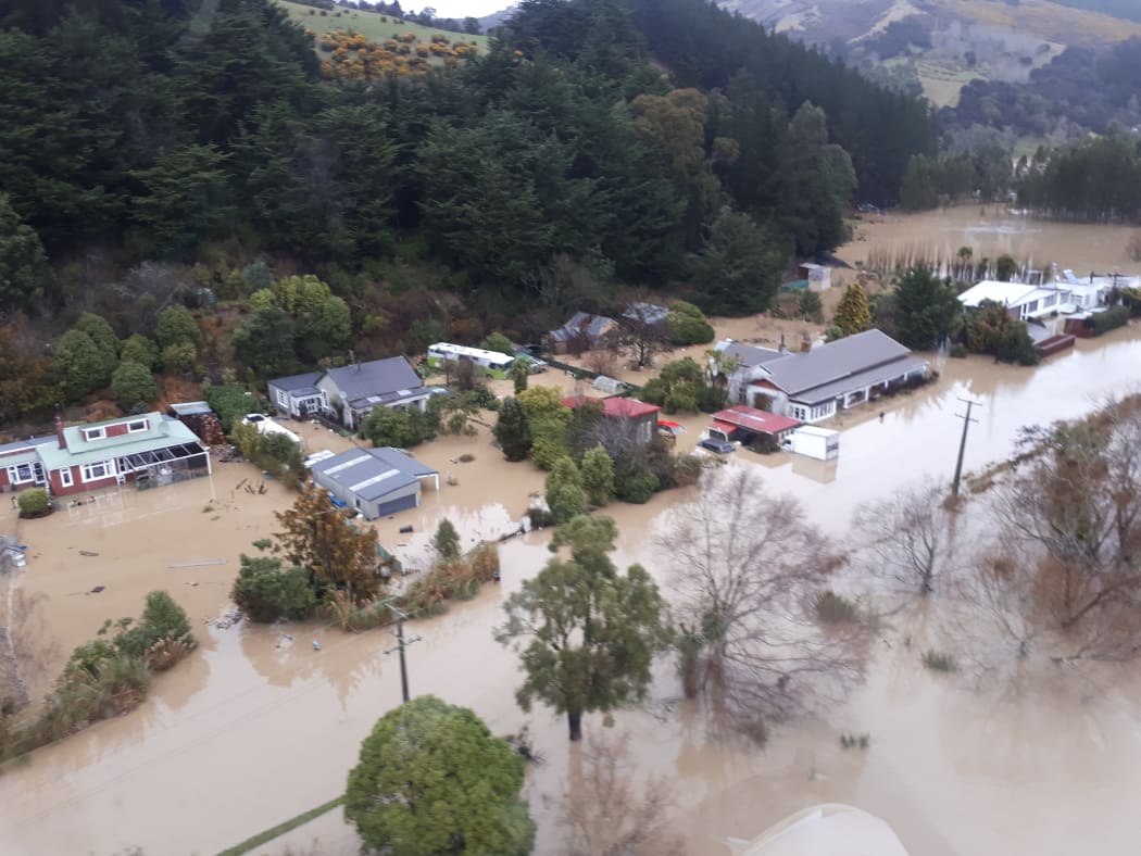 The flooded township of Henley on Otago's Taieri Plains